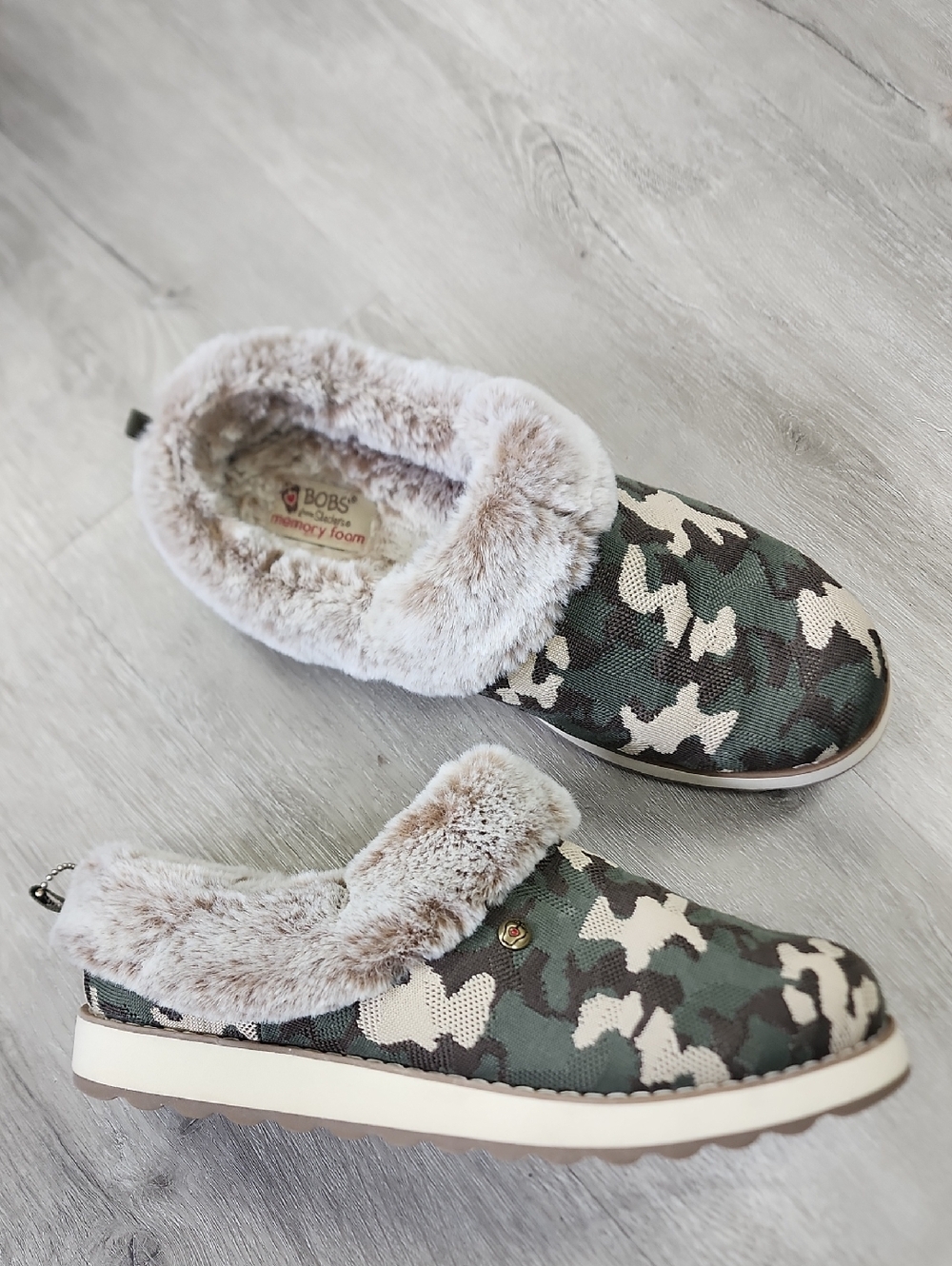 BOBS from Skechers Women's Faux Fur Camo Mules in Green and Beige